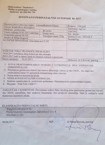 Izvjestaj o perinitarnoj autopsiji
