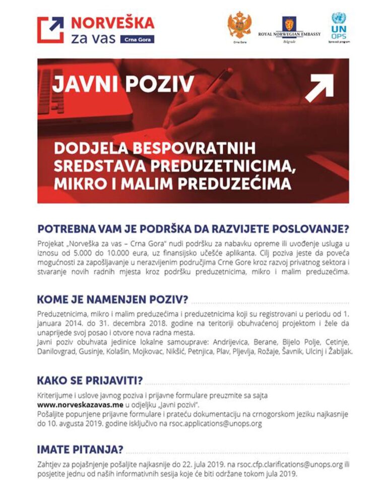 JAVNI POZIV ZA DODJELU BESPOVRATNIH SREDSTAVA PREDUZETNICIMA, MIKRO I MALIM PREDUZEĆIMA