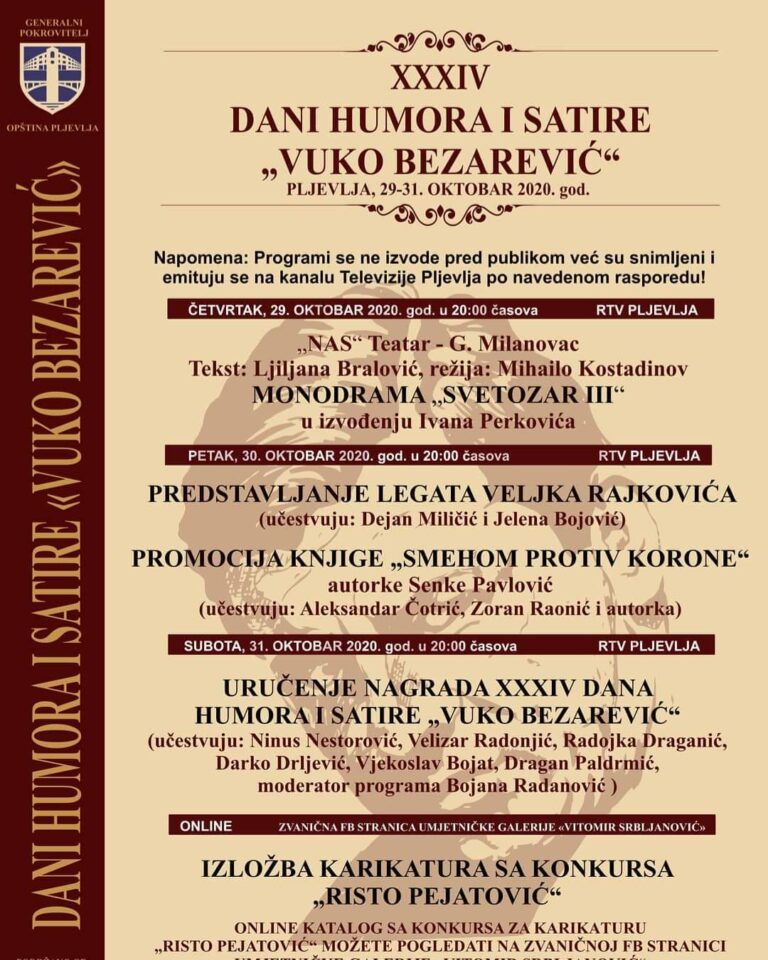 Kompletan program XXXIV Dana humora i satire „Vuko Bezarević“ – Pljevlja 2020 na TV Pljevlja