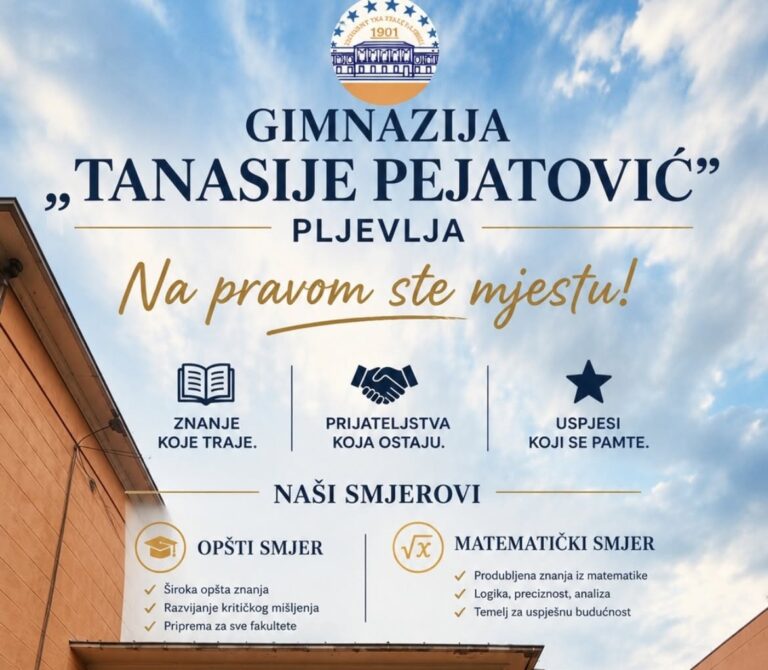 Upis u prvi razred Gimnazije „Tanasije Pejatović“ od 23. do 26. juna