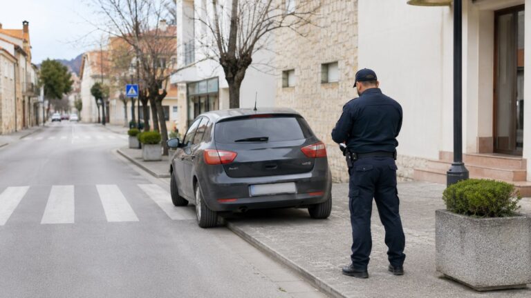 Komunalni policajac kontroliše nepropisno parkirano vozilo na trotoaru