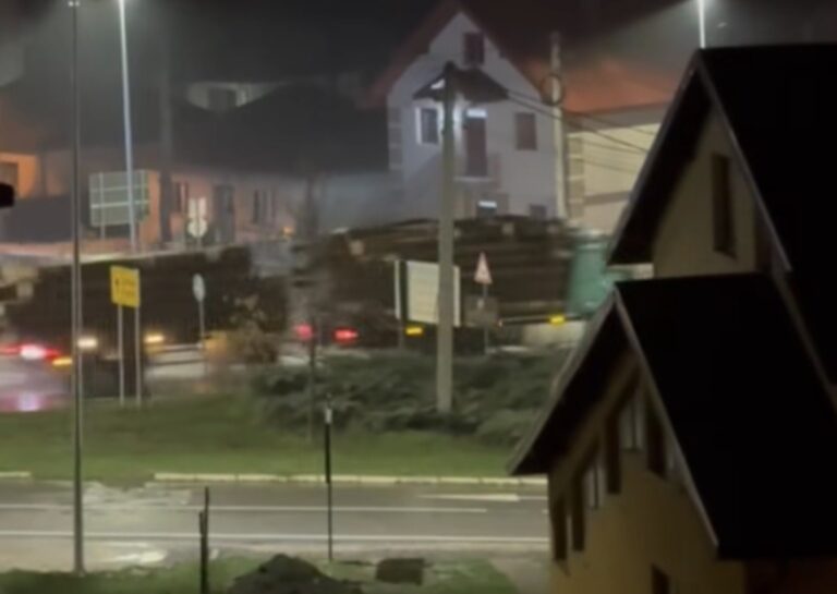 Kamion natovaren drvnom građom na ulici u Pljevljima tokom kišne noći