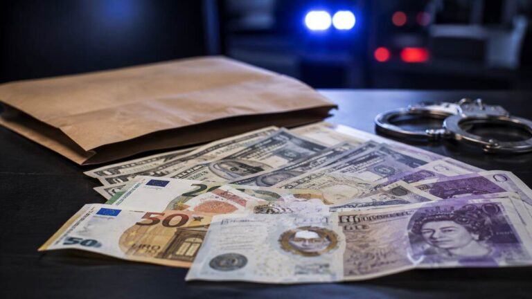 Dvije osobe uhapšene u Tuzima zbog sumnje na neovlašćenu razmjenu deviza Novčanice različitih valuta i lisice, ilustracija policijske akcije