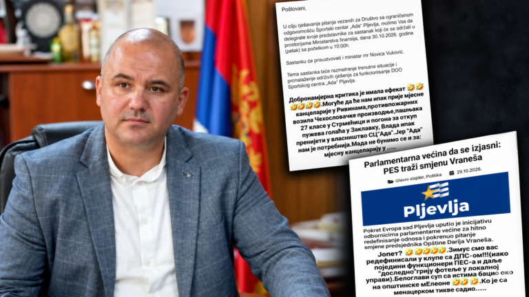 Dvije objave, dvije poruke: Vraneš zbog „Ade“ proziva Vladu, PES-u na zahtjev za smjenu odgovara: „Jopet?“ Predsjednik Opštine Pljevlja Dario Vraneš i dvije njegove objave o Sportskom centru Ada i zahtjevu PES-a za smjenu