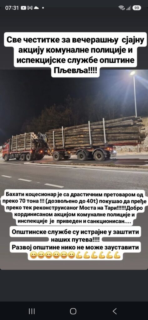 Originalna Instagram objava Darija Vraneša o akciji kontrole kamiona