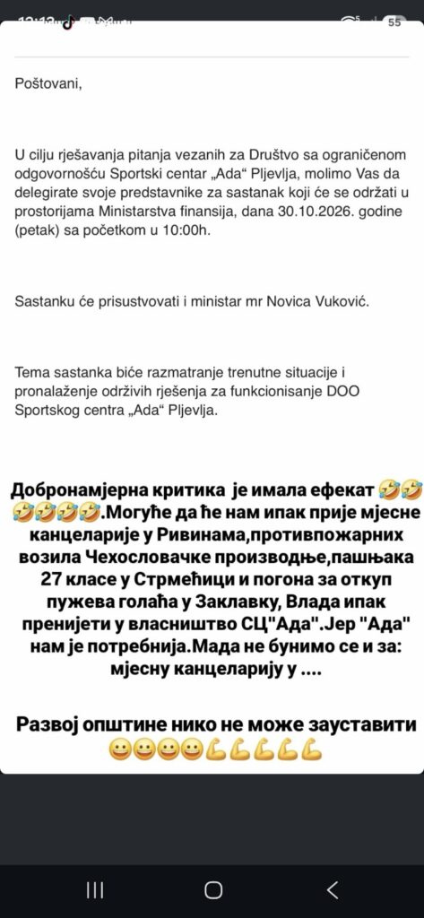 Objava predsjednika Opštine Darija Vraneša povodom sastanka o Adi